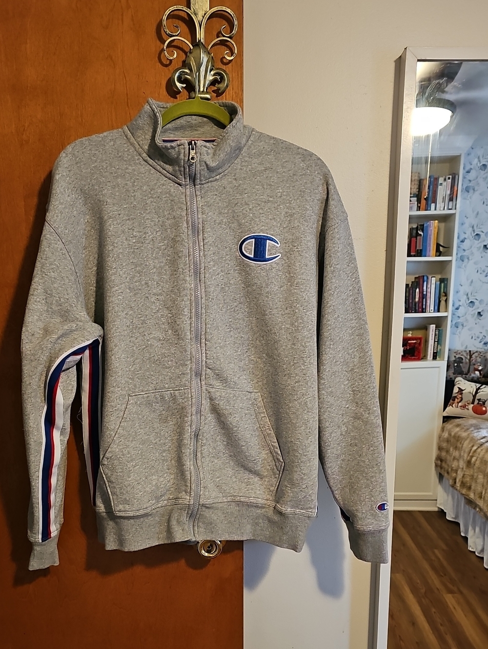 Champion Gray Full-Zip Mens Sweater Jacket with Red-White-Blue Sleeve Stripe